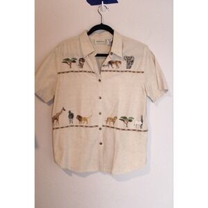 VTG Lemon Grass Womens‎ Linen Blend Button Up M Tan Animal Embroidered Safari